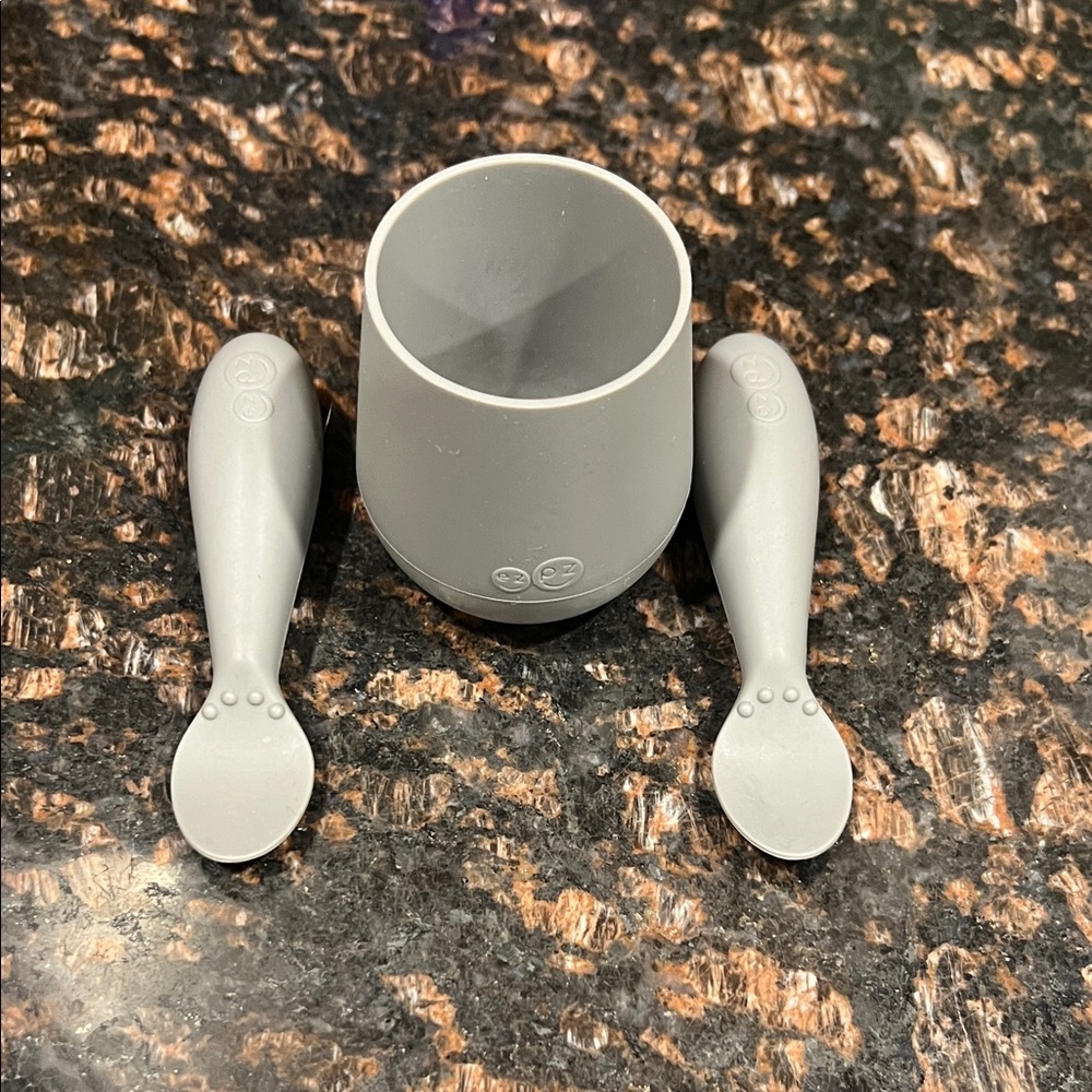 EzPz Gray Silicone Weighted Baby Cup and Spoon Set